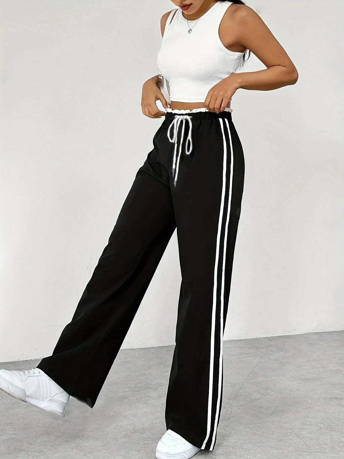 Pantalón de chándal deportivo de cintura alta para mujer – Negro con rayas blancas, ropa deportiva informal para el tiempo libre