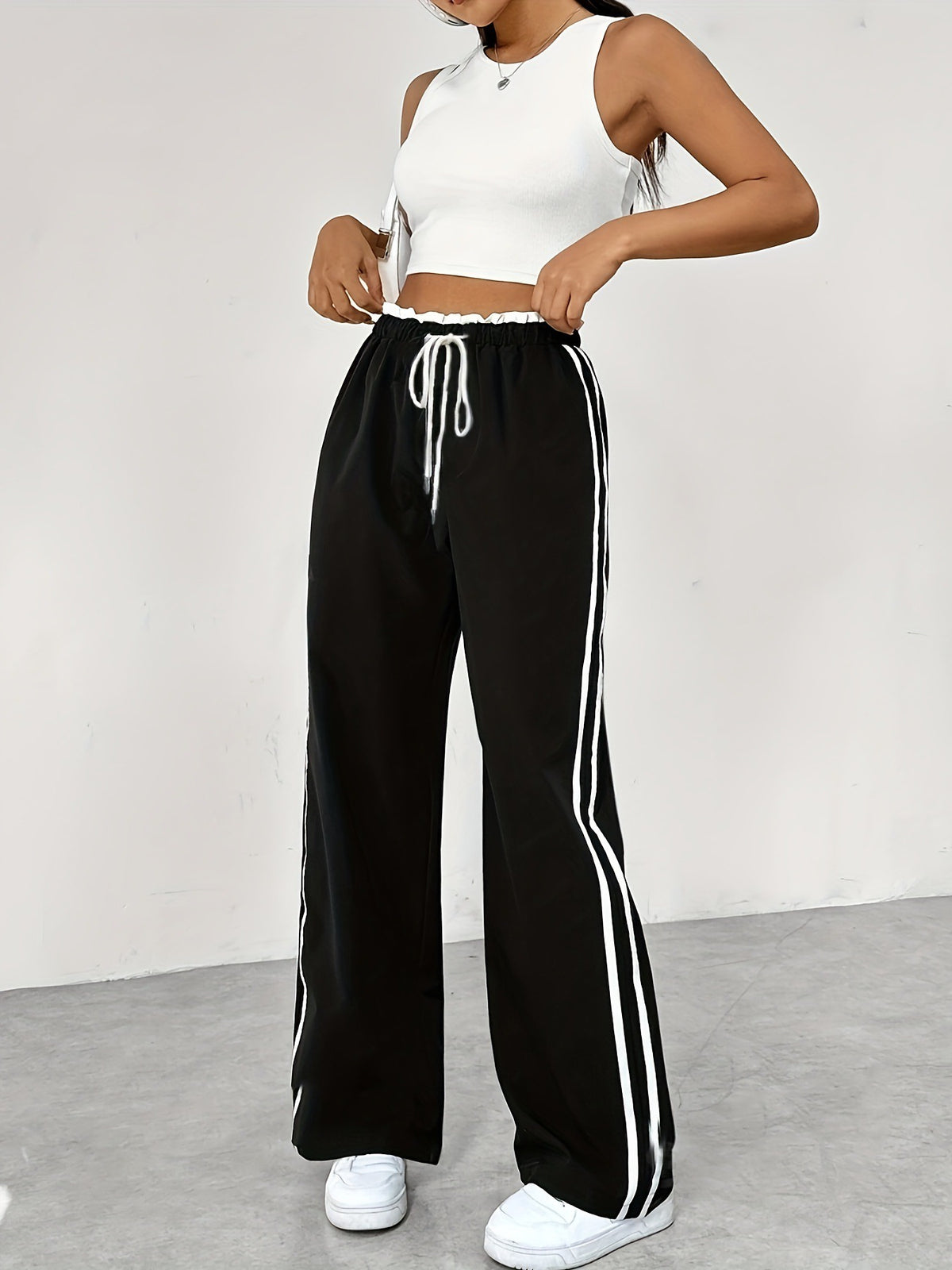 Pantalón de chándal deportivo de cintura alta para mujer – Negro con rayas blancas, ropa deportiva informal para el tiempo libre