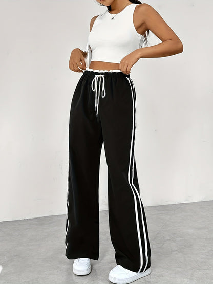 Pantalón de chándal deportivo de cintura alta para mujer – Negro con rayas blancas, ropa deportiva informal para el tiempo libre