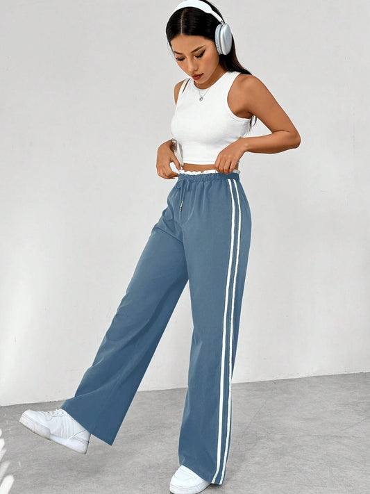 Dames Sportieve High-Waisted Joggingbroek – Zwart met Witte Strepen, Casual Sportkleding voor Vrije Tijd