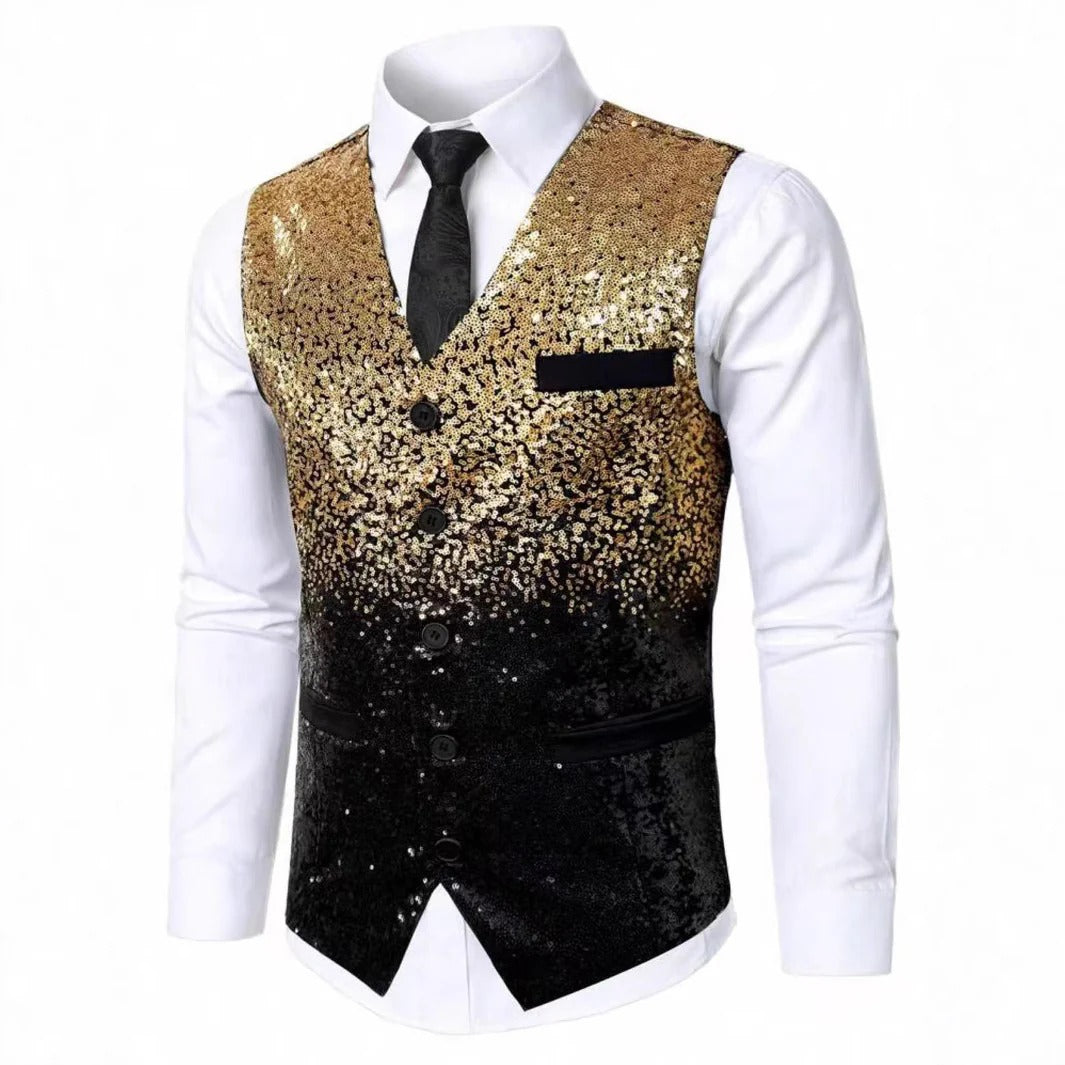 Heren Glitter Gilet met Satijnen Revers Goud
