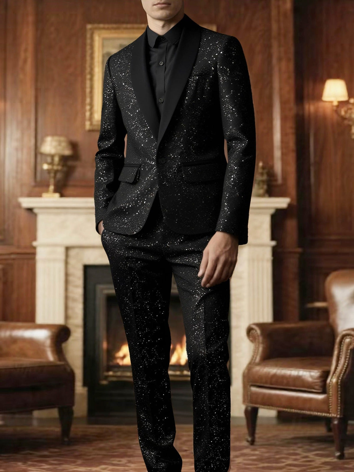 Heren Glitter Pak Colbert en Broek - Zwart
