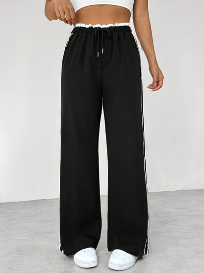 Pantalón de chándal deportivo de cintura alta para mujer – Negro con rayas blancas, ropa deportiva informal para el tiempo libre