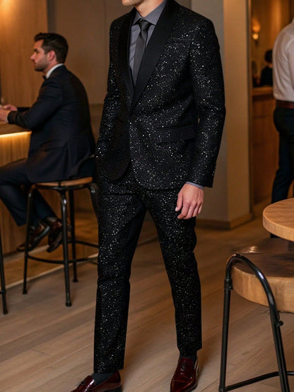 Heren Glitter Pak Colbert en Broek - Zwart