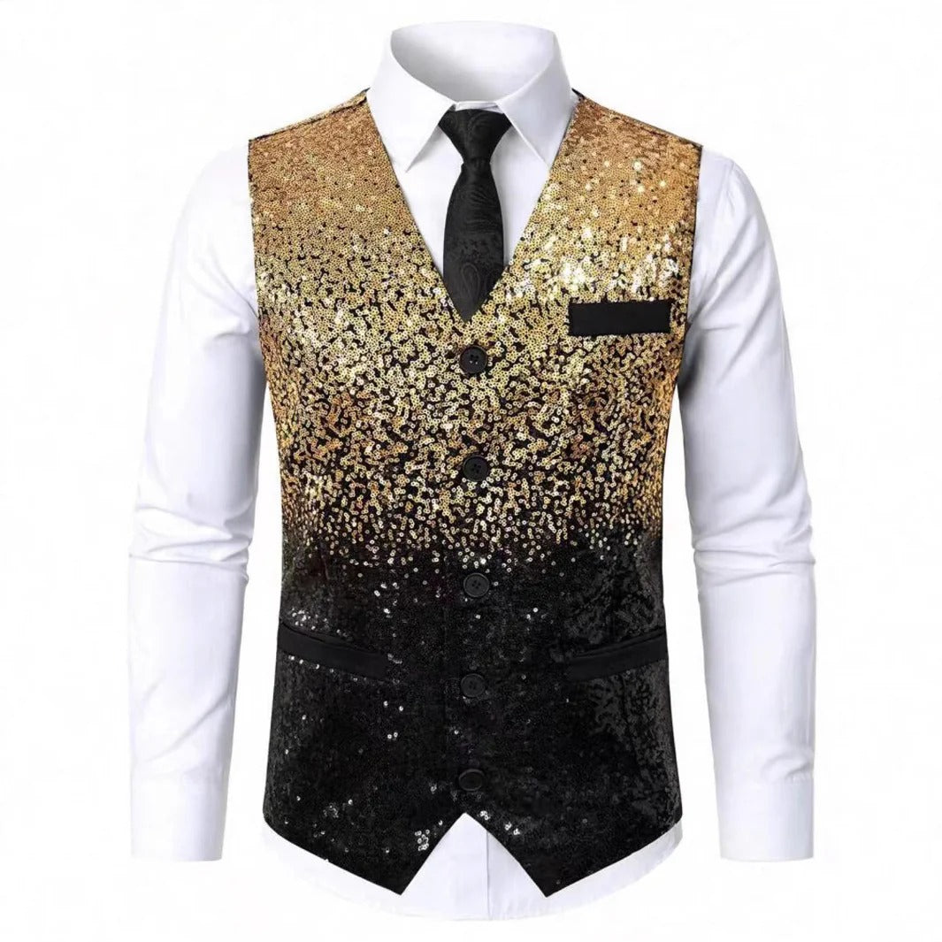 Heren Glitter Gilet met Satijnen Revers Goud
