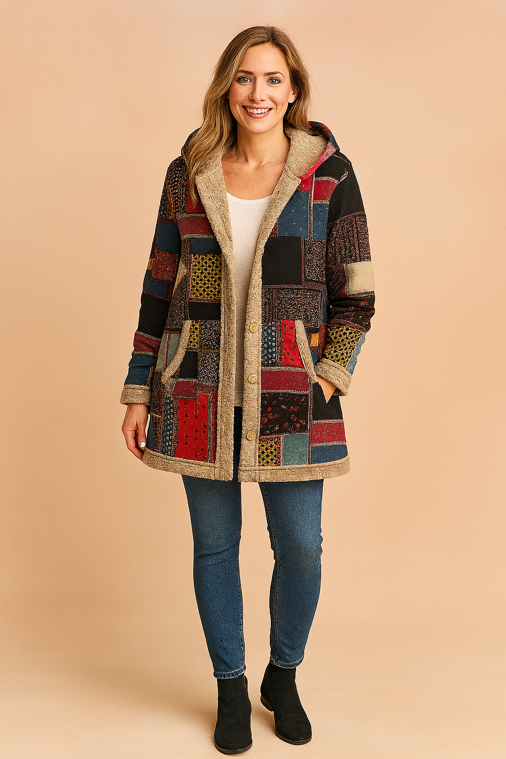 Kurtka fleece damska długa z kapturem - wzór patchwork – widok produktu 1 | Ionotix