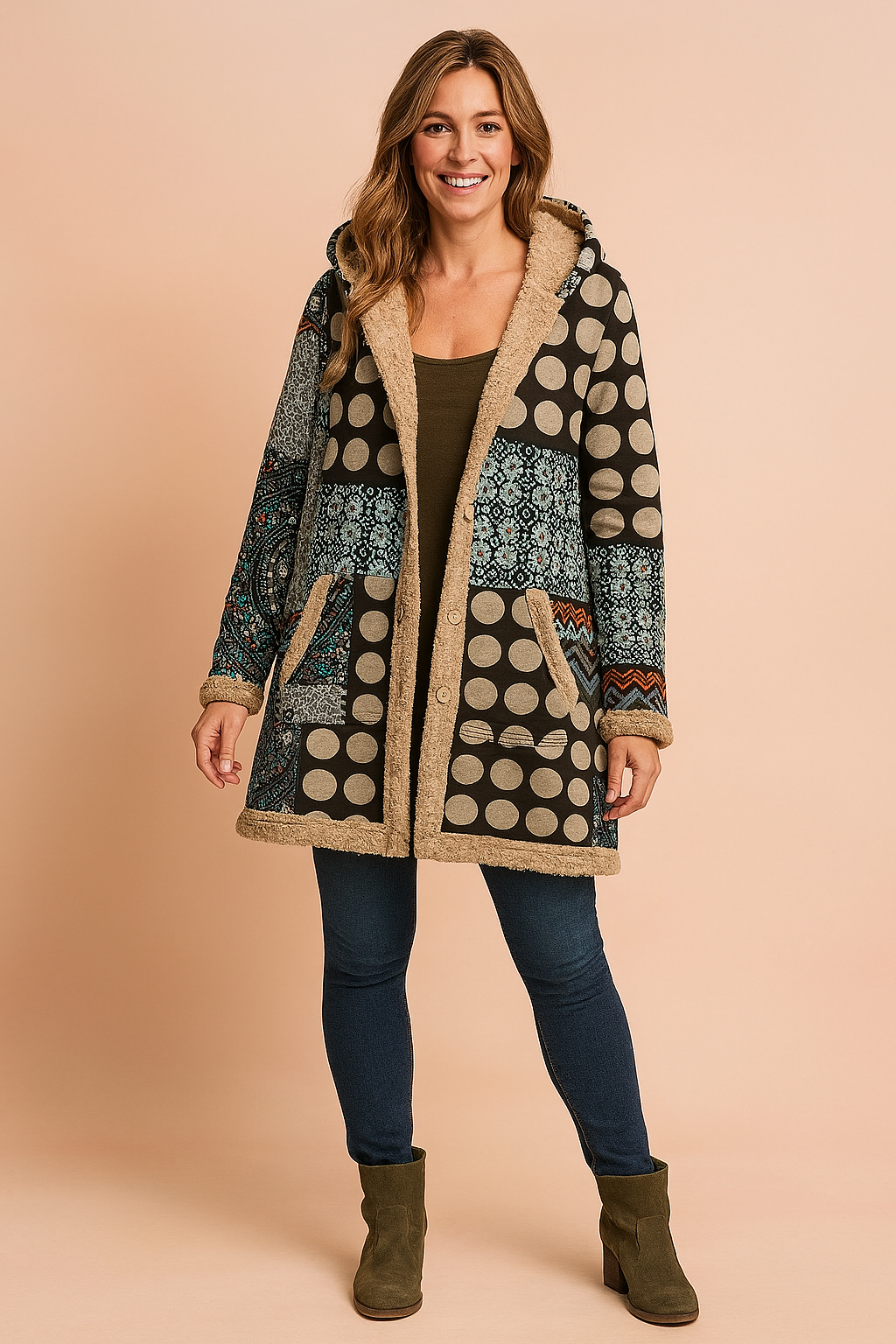 Kurtka fleece damska długa z kapturem - wzór patchwork – widok produktu 3 | Ionotix