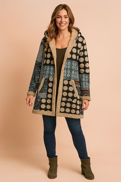 Kurtka fleece damska długa z kapturem - wzór patchwork – widok produktu 3 | Ionotix