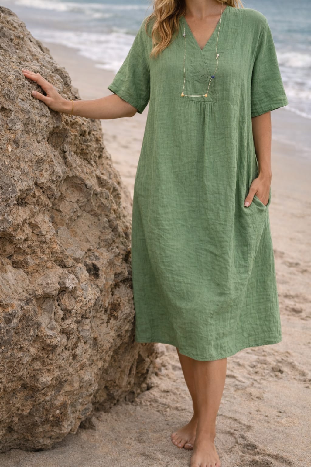 Aurore Linen V-Neck Midi Dress_1