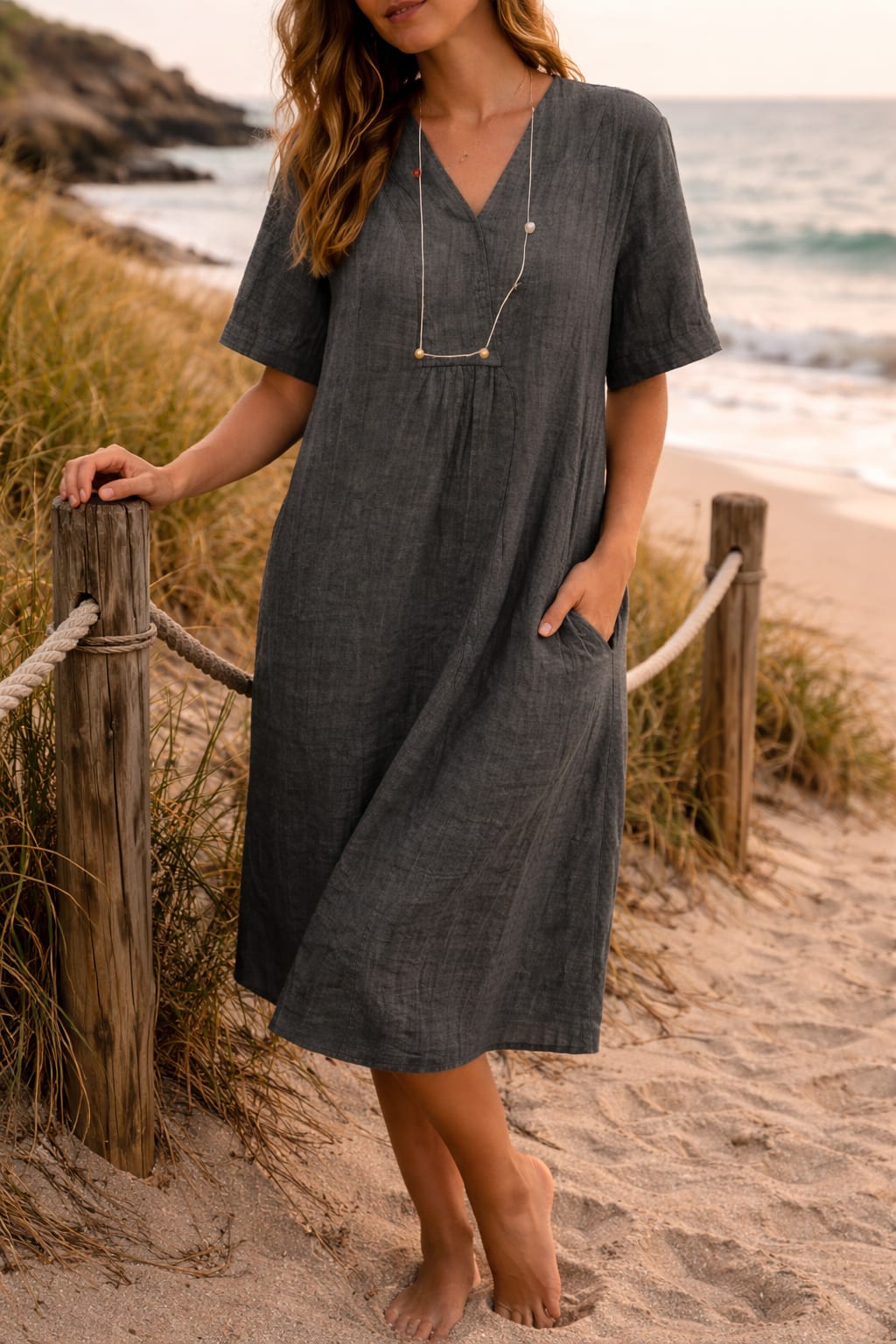 Aurore Linen V-Neck Midi Dress_3