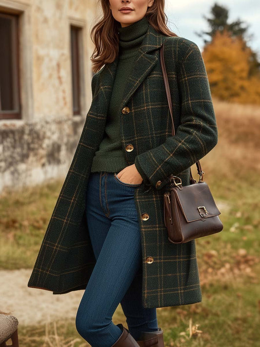Dames lange wollen mantel – bruin geruit, knoopsluiting, winterjas