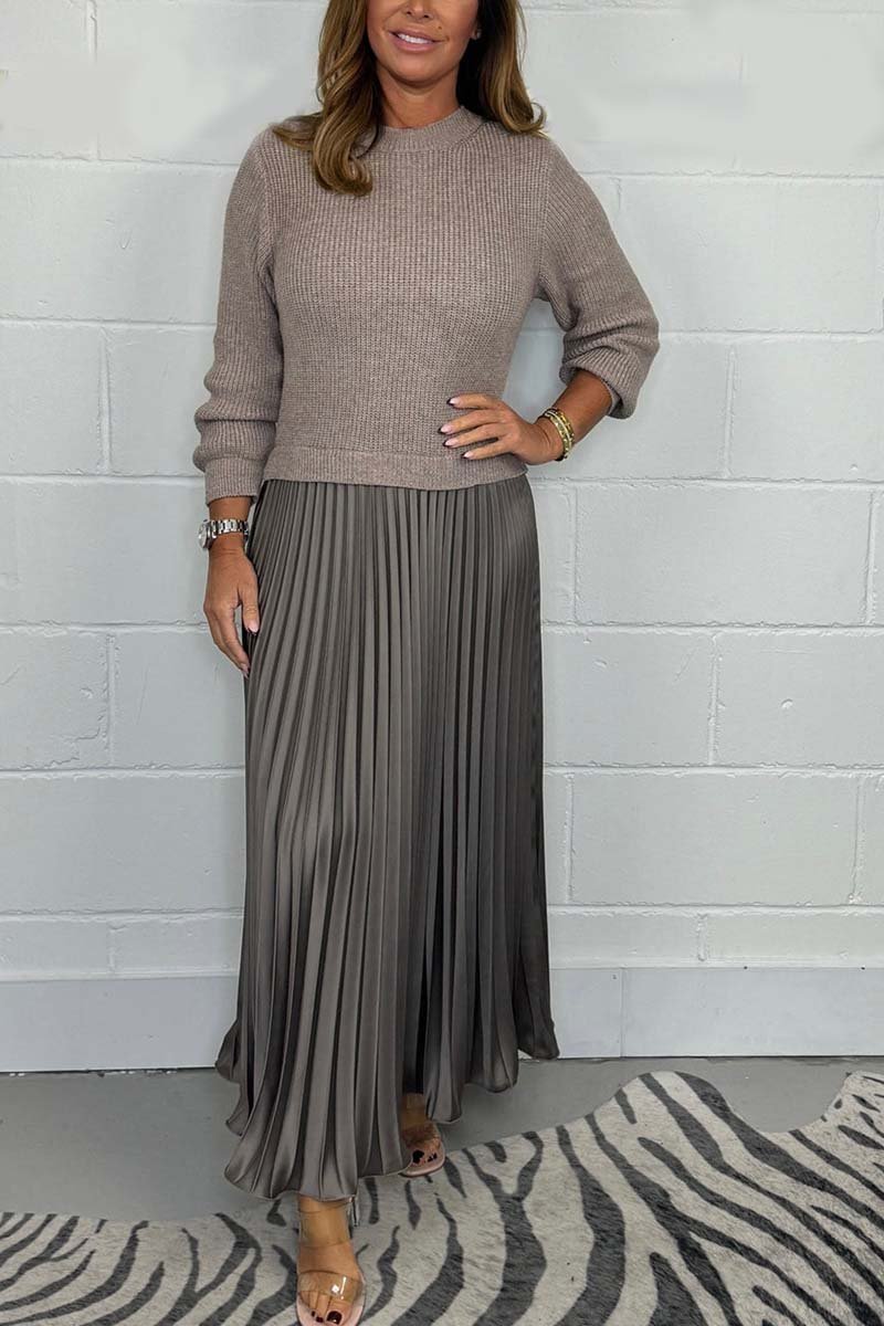 Dames Midi Jurk met Gebreide Top en Plooirok