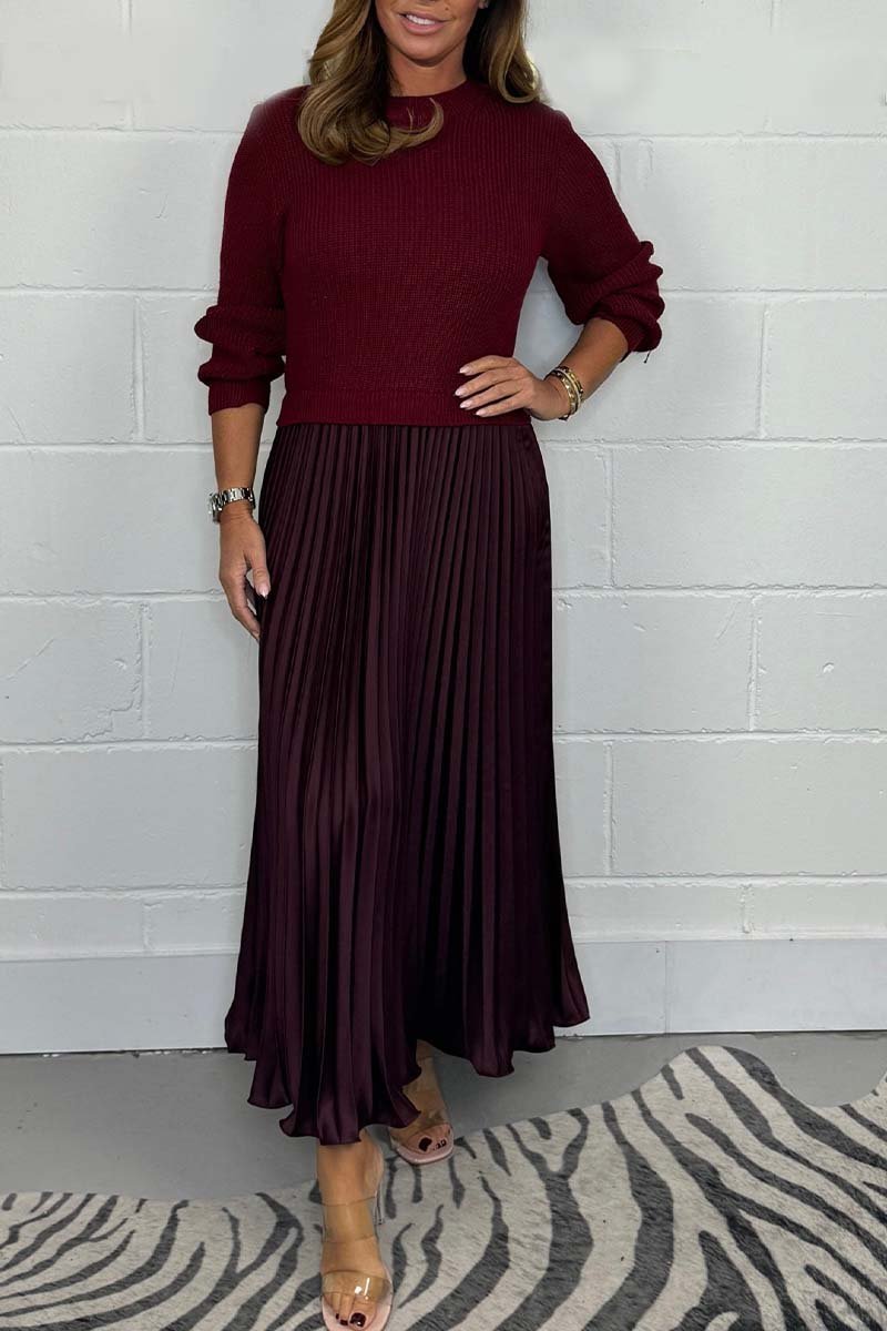 Dames Midi Jurk met Gebreide Top en Plooirok