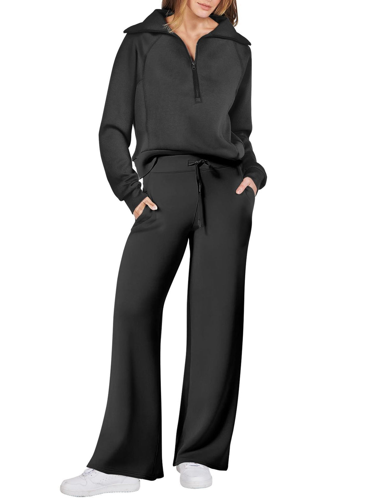 Dames Loungewear Set met Halve Rits en Rechte Pijpen