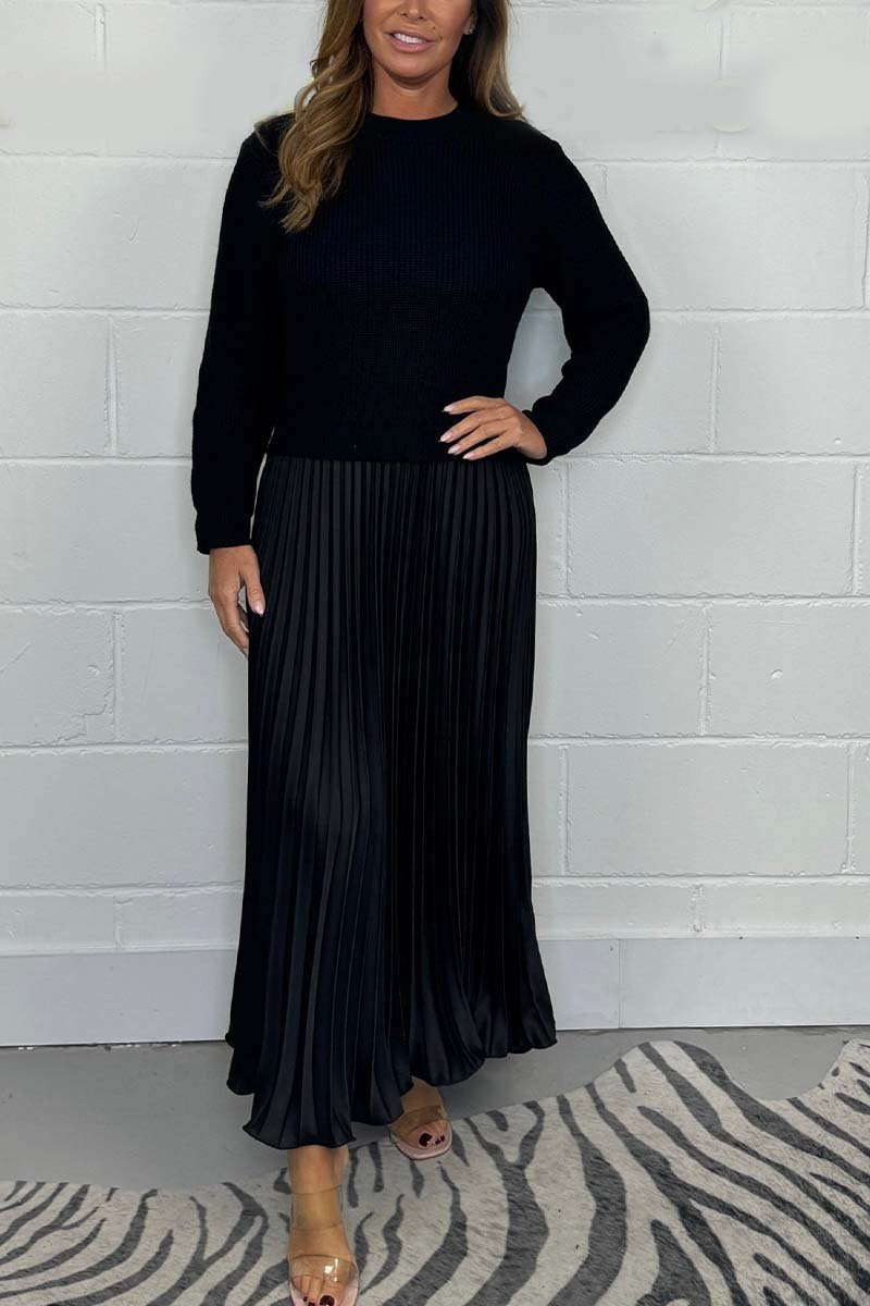 Dames Midi Jurk met Gebreide Top en Plooirok