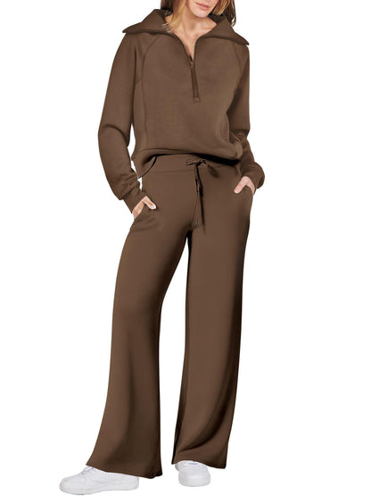Dames Loungewear Set met Halve Rits en Rechte Pijpen