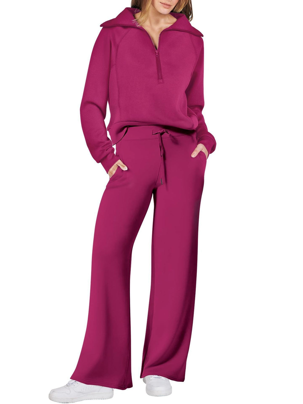 Dames Loungewear Set met Halve Rits en Rechte Pijpen