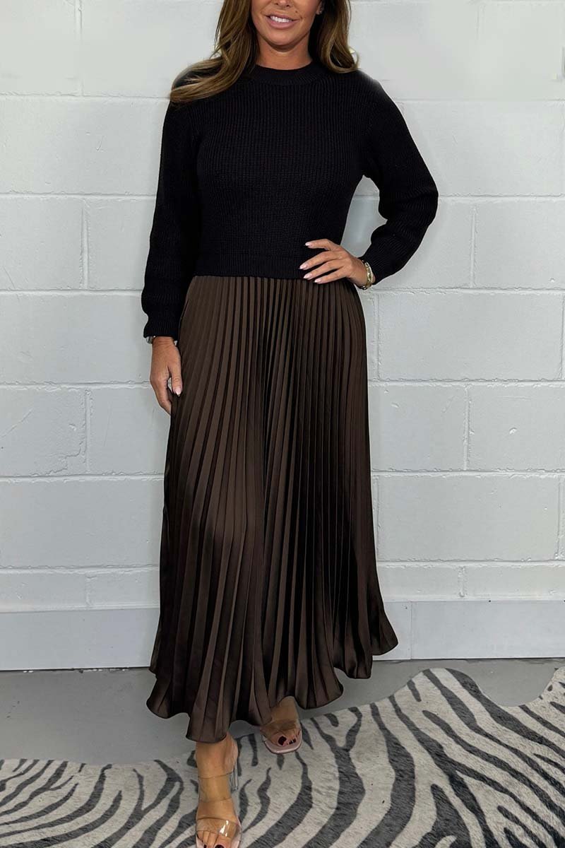 Dames Midi Jurk met Gebreide Top en Plooirok
