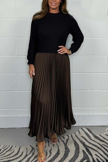 Dames Midi Jurk met Gebreide Top en Plooirok