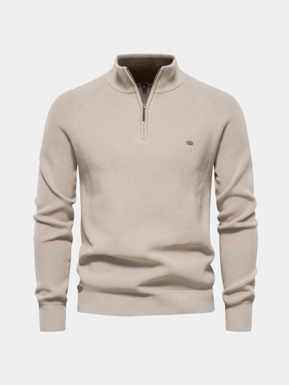Julian geribbelde half-zip trui in beige, vooraanzicht