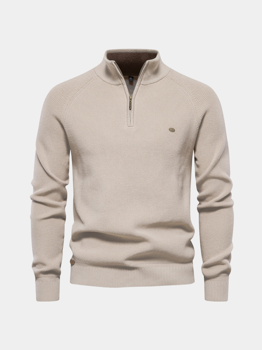 Julian geribbelde half-zip trui in beige, vooraanzicht