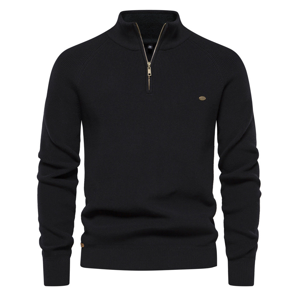 Julian geribbelde half-zip trui in zwart, vooraanzicht