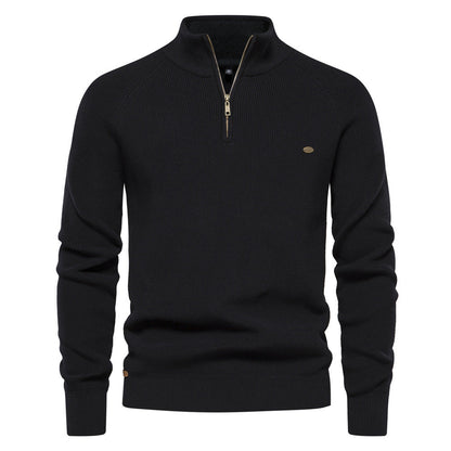 Julian geribbelde half-zip trui in zwart, vooraanzicht