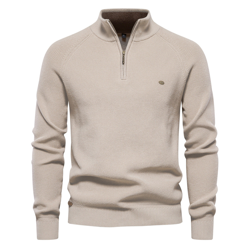 Julian geribbelde half-zip trui in beige, close-up vooraanzicht