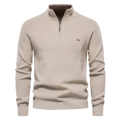 Julian geribbelde half-zip trui in beige, close-up vooraanzicht