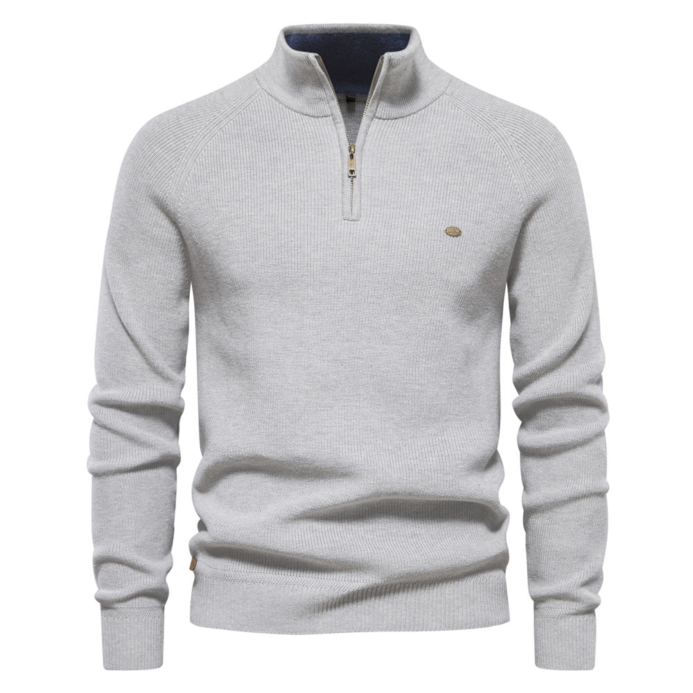 Julian geribbelde half-zip trui in lichtgrijs, vooraanzicht
