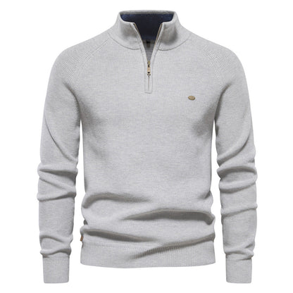 Julian geribbelde half-zip trui in lichtgrijs, vooraanzicht