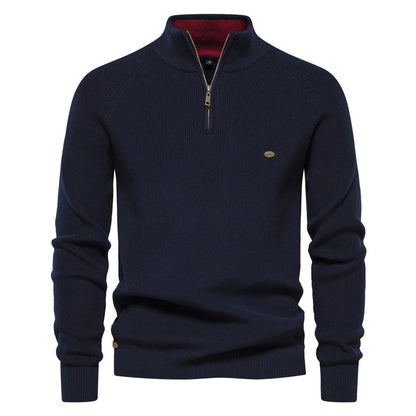 Julian geribbelde half-zip trui in marineblauw, vooraanzicht