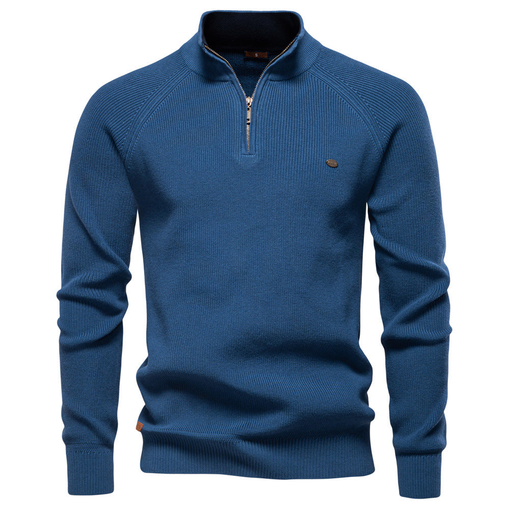 Julian geribbelde half-zip trui in blauw, vooraanzicht