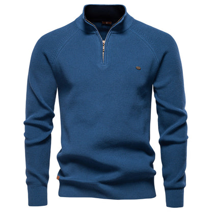 Julian geribbelde half-zip trui in blauw, vooraanzicht