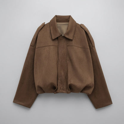 Ancona Suede Jacket — Khaki, flat lay front on grey seamless
