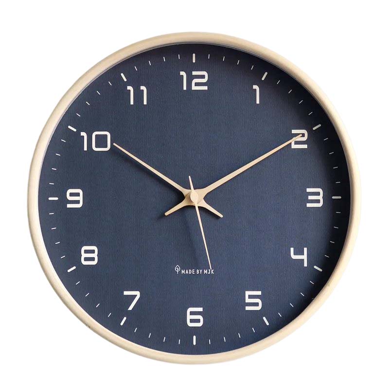 Nordic Wooden Wall Clock with navy face and beige wooden bezel, shown on a plain white background in product photography.
