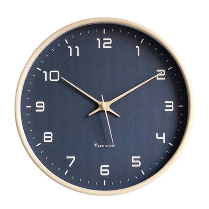 Nordic Wooden Wall Clock with navy face and beige wooden bezel, shown on a plain white background in product photography.
