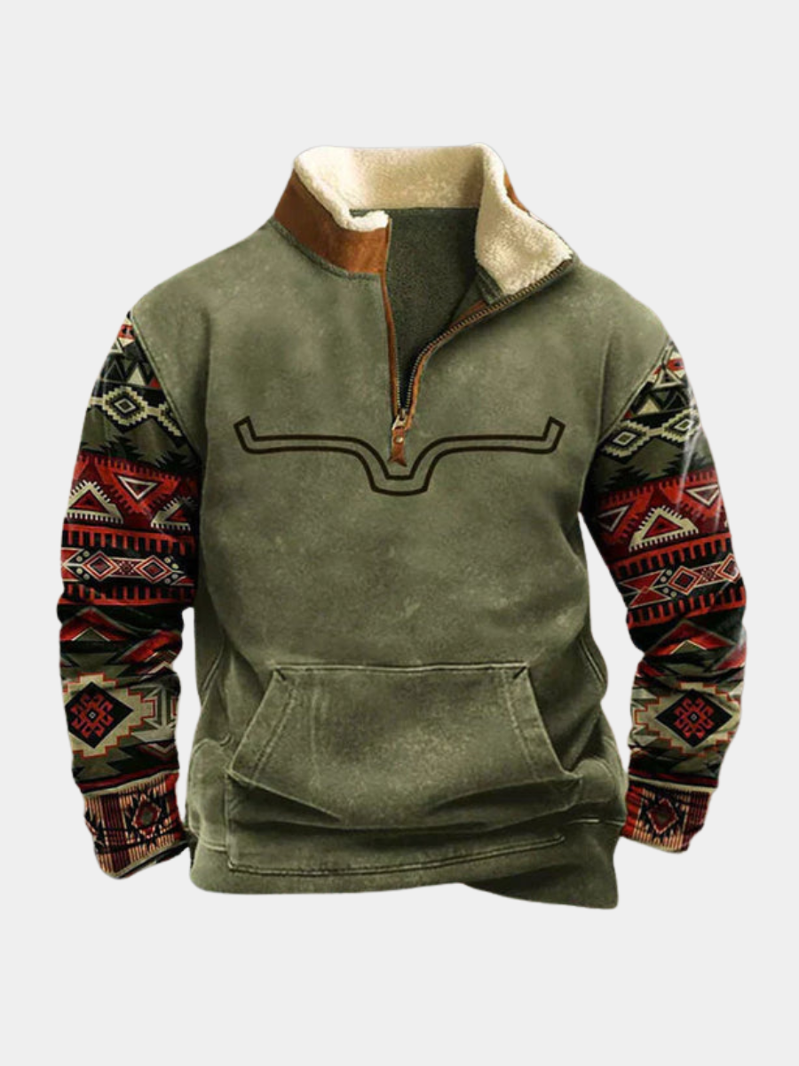 Laurent groene sweater met Aztec print mouwen, vooraanzicht
