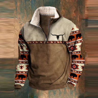 Laurent bruine sweater met bizonprint mouwen, vooraanzicht