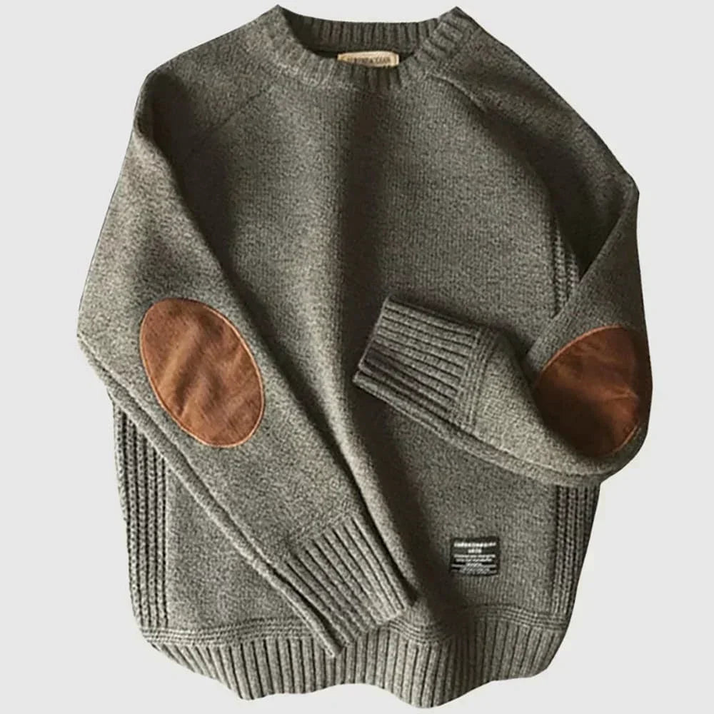 Laurent grijze trui met elleboogpatches, close-up mouw en manchet