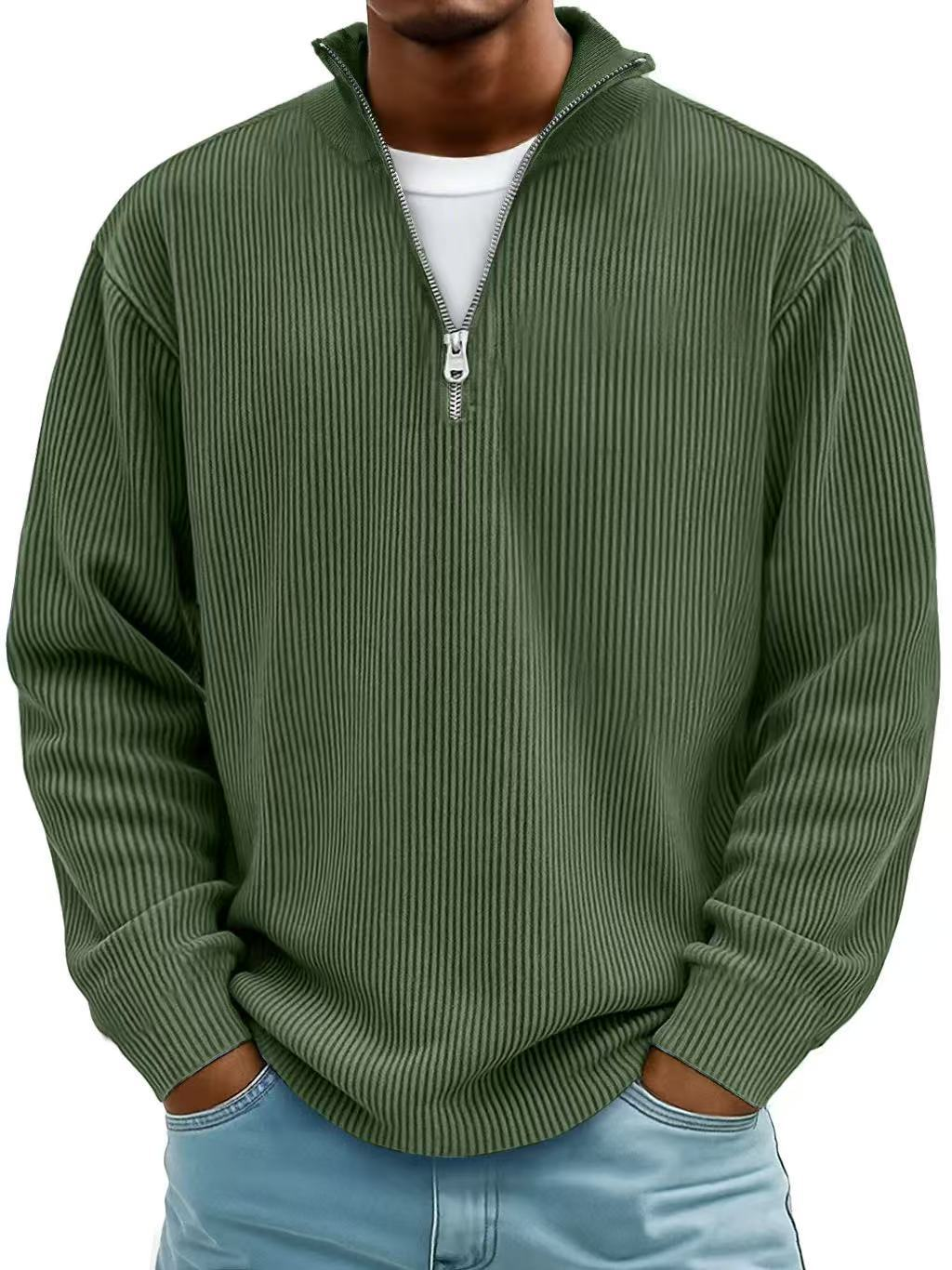 Laurent geribbelde halve rits trui in legergroen, vooraanzicht