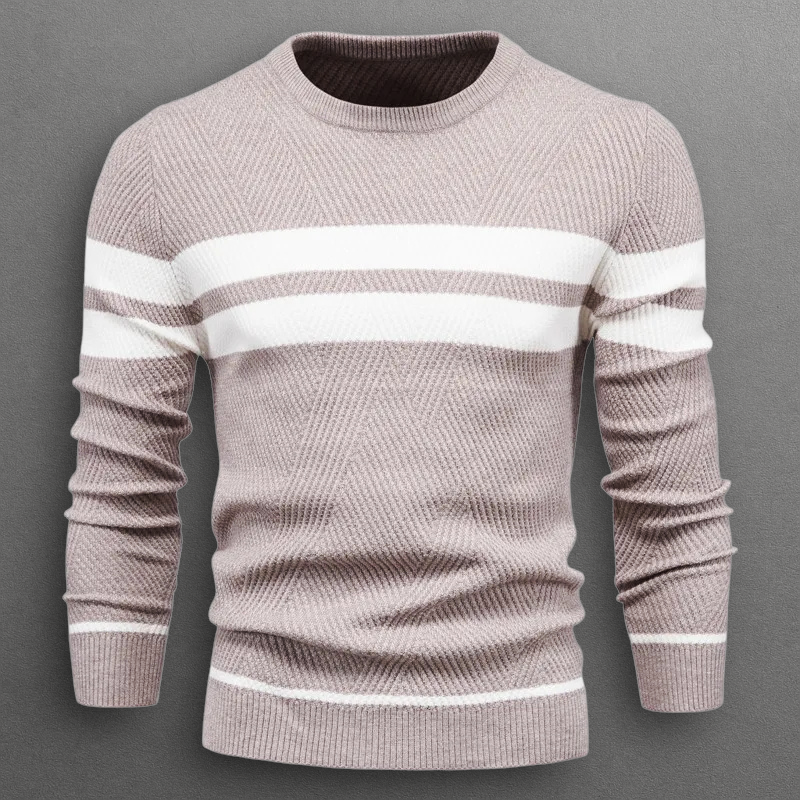 Laurent beige gestreepte trui met ronde hals, vooraanzicht