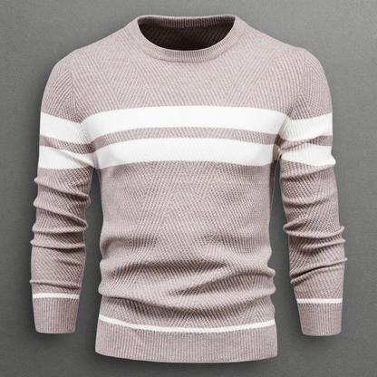 Laurent beige gestreepte trui met ronde hals, vooraanzicht