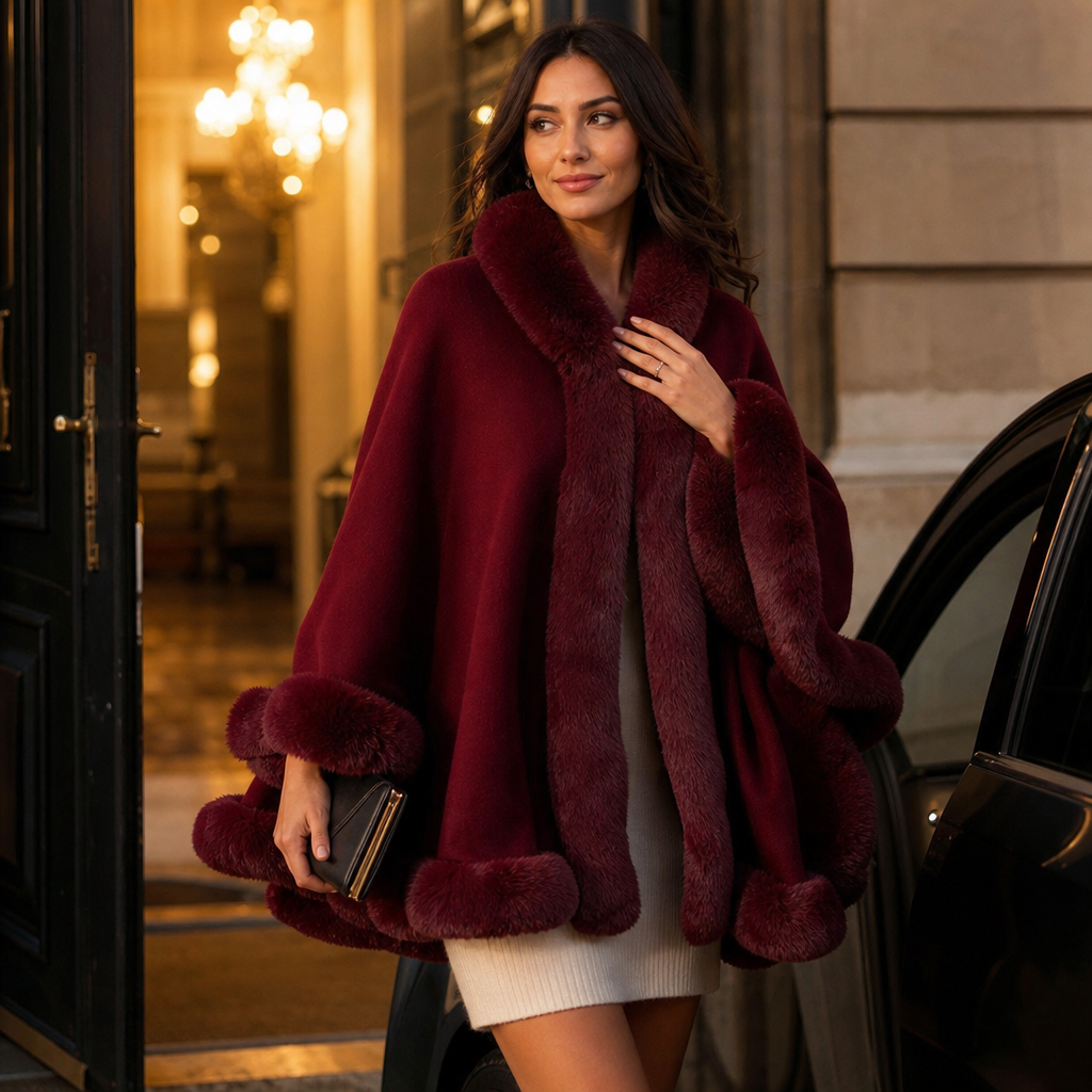Dames Cape Coat met Bontrand en Capuchon - Gebreide Omslagjas