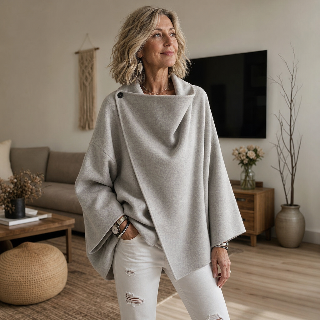 Dames Wikkelcape Jas met Asymmetrische Knoopkraag