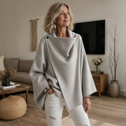 Dames Wikkelcape Jas met Asymmetrische Knoopkraag