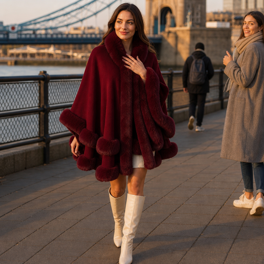 Dames Cape Coat met Bontrand en Capuchon - Gebreide Omslagjas
