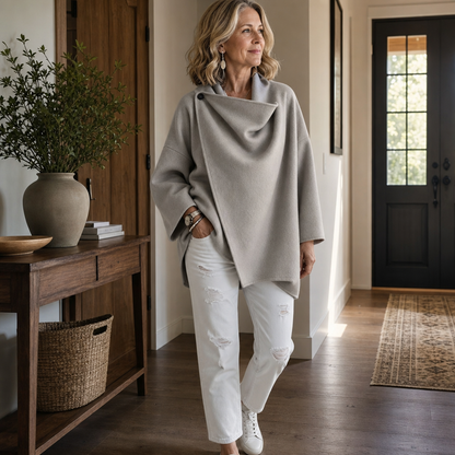 Dames Wikkelcape Jas met Asymmetrische Knoopkraag