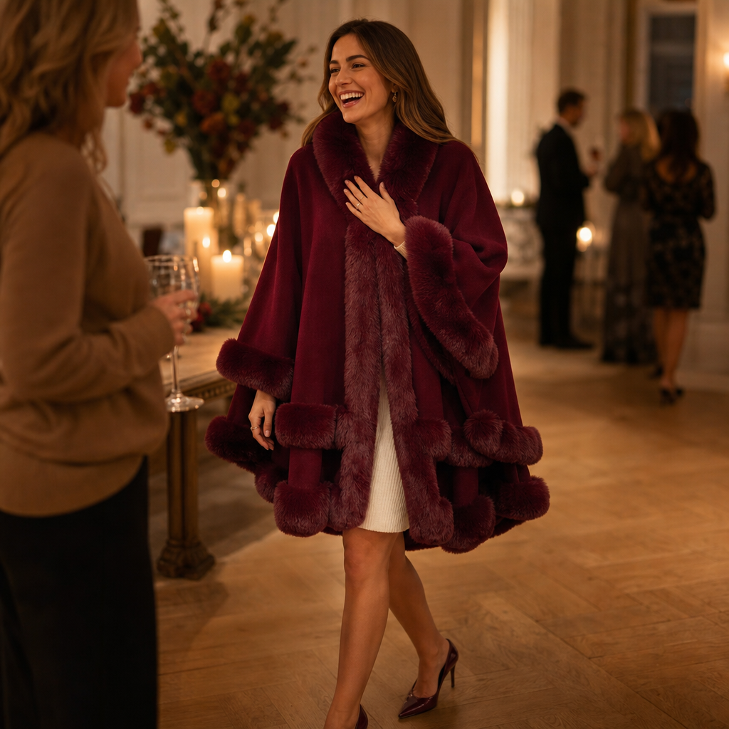 Dames Cape Coat met Bontrand en Capuchon - Gebreide Omslagjas