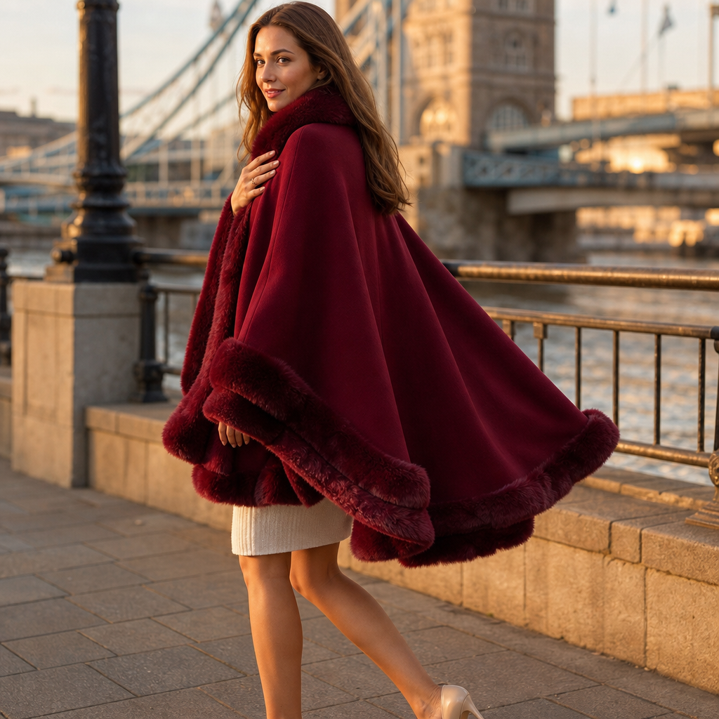 Dames Cape Coat met Bontrand en Capuchon - Gebreide Omslagjas
